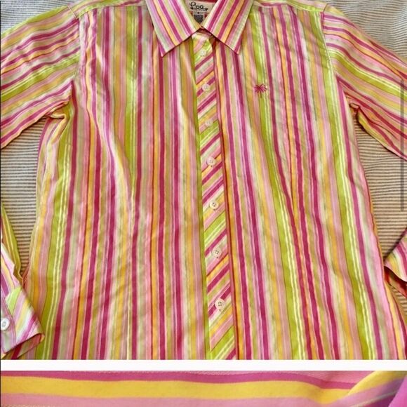 Lilly Pulitzer Striped Button Down Cuffed Shirt Size 6 Hot Pink Green Vintage - Picture 11 of 17